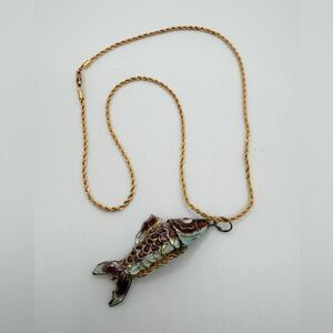 Vintage ~2.5" Cloisonne Fish pendant on a 17" new gold tone rope chain!